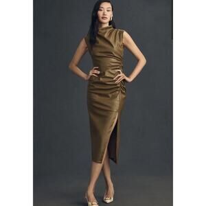 Anthropologie Maya Ruched Cowl Neck Faux Leather Midi Dress Size 8 Olive Green